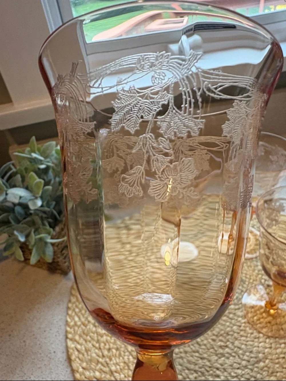 (4) Vintage Amber Etched Wine Glasses - Depression Era